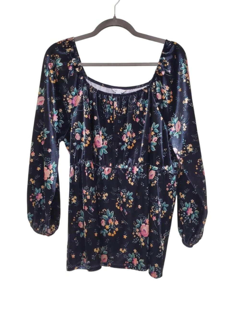 Cato Woman's Black Floral Print Velvet Square Neck Goth Peasant Top Plus 14/16W